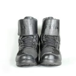 A pair of black Polo street riding boots, size 43, in good condition with minor wear marks and leather wrinkles. Features durable leather and textile construction, a PoloTex waterproof membrane, integrated reflective stripes, and reinforced impact protection for toes, ankles, and sole.