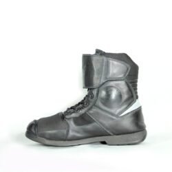 A pair of black Polo street riding boots, size 43, in good condition with minor wear marks and leather wrinkles. Features durable leather and textile construction, a PoloTex waterproof membrane, integrated reflective stripes, and reinforced impact protection for toes, ankles, and sole.