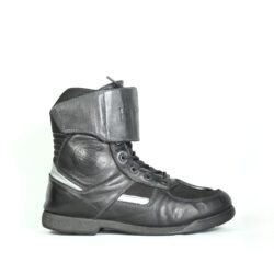 A pair of black Polo street riding boots, size 43, in good condition with minor wear marks and leather wrinkles. Features durable leather and textile construction, a PoloTex waterproof membrane, integrated reflective stripes, and reinforced impact protection for toes, ankles, and sole.