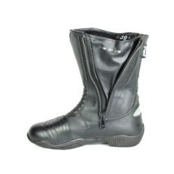 A pair of black Polo touring motorcycle boots, size 39, in very good condition. Made of full-grain leather with a PoloTex waterproof membrane, anti-slip sole, integrated reflective stripes, and comprehensive protection for the shin, ankles, heel, and toes