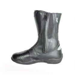A pair of black Polo touring motorcycle boots, size 39, in very good condition. Made of full-grain leather with a PoloTex waterproof membrane, anti-slip sole, integrated reflective stripes, and comprehensive protection for the shin, ankles, heel, and toes