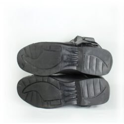 A pair of black Polo touring motorcycle boots, size 42, in good condition. Made of synthetic leather with waterproofing, featuring protection for toes, shin, ankles, heel, and a reinforced sole. Shows minor wear and wrinkles.