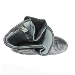 A pair of black Polo touring motorcycle boots, size 42, in good condition. Made of synthetic leather with waterproofing, featuring protection for toes, shin, ankles, heel, and a reinforced sole. Shows minor wear and wrinkles.