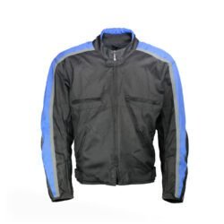 A Probiker touring and street motorcycle jacket, size XL, in very good condition. Features a classic black and blue textile design, with integrated protection for elbows, shoulders, and back, suitable for fair weather riding.