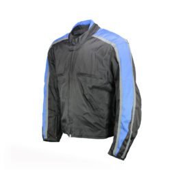 A Probiker touring and street motorcycle jacket, size XL, in very good condition. Features a classic black and blue textile design, with integrated protection for elbows, shoulders, and back, suitable for fair weather riding.