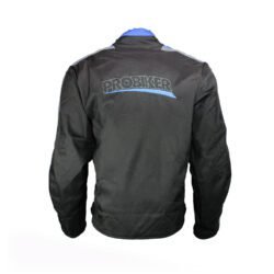 A Probiker touring and street motorcycle jacket, size XL, in very good condition. Features a classic black and blue textile design, with integrated protection for elbows, shoulders, and back, suitable for fair weather riding.