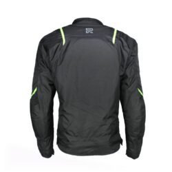 A black Raxus winter touring and street motorcycle jacket, size 3XL, in very good condition. Made of robust Maxdura 600D textile with a removable thermal lining. Features CE-approved shoulder, elbow, and back protectors, waterproofing, and adjustable waist, wrists, and arms.