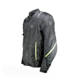 A black Raxus winter touring and street motorcycle jacket, size 3XL, in very good condition. Made of robust Maxdura 600D textile with a removable thermal lining. Features CE-approved shoulder, elbow, and back protectors, waterproofing, and adjustable waist, wrists, and arms.