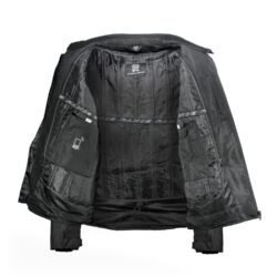 A black Raxus winter touring and street motorcycle jacket, size 3XL, in very good condition. Made of robust Maxdura 600D textile with a removable thermal lining. Features CE-approved shoulder, elbow, and back protectors, waterproofing, and adjustable waist, wrists, and arms.