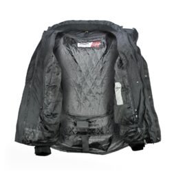 A black and red Roleff winter and all-season motorcycle jacket, size M, in very good condition. Features abrasion-resistant Kodra® 500D textile, a removable Wind-Tex® waterproof and breathable membrane, a removable thermal liner, EN 1621-1 certified shoulder and elbow protectors, reflective strips, and a connection zipper for pants.