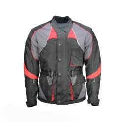 A black and red Roleff winter and all-season motorcycle jacket, size M, in very good condition. Features abrasion-resistant Kodra® 500D textile, a removable Wind-Tex® waterproof and breathable membrane, a removable thermal liner, EN 1621-1 certified shoulder and elbow protectors, reflective strips, and a connection zipper for pants.