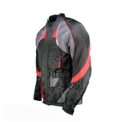 A black and red Roleff winter and all-season motorcycle jacket, size M, in very good condition. Features abrasion-resistant Kodra® 500D textile, a removable Wind-Tex® waterproof and breathable membrane, a removable thermal liner, EN 1621-1 certified shoulder and elbow protectors, reflective strips, and a connection zipper for pants.