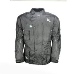 A black all-weather touring motorcycle jacket, size XL, in very good condition. Made of durable reinforced textile with a removable thermal liner. Features adjustable fit, pockets for shoulder and elbow protectors, and minor wear marks.