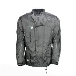 A black all-weather touring motorcycle jacket, size XL, in very good condition. Made of durable reinforced textile with a removable thermal liner. Features adjustable fit, pockets for shoulder and elbow protectors, and minor wear marks.