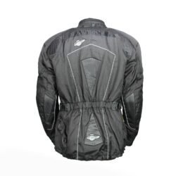 A black all-weather touring motorcycle jacket, size XL, in very good condition. Made of durable reinforced textile with a removable thermal liner. Features adjustable fit, pockets for shoulder and elbow protectors, and minor wear marks.