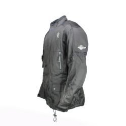 A black all-weather touring motorcycle jacket, size XL, in very good condition. Made of durable reinforced textile with a removable thermal liner. Features adjustable fit, pockets for shoulder and elbow protectors, and minor wear marks.