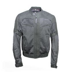 A black textile mesh motorcycle jacket, size L, in very good condition. Features high-visibility reflective strips across the arms for night safety, adjustable fit, pockets for shoulder and elbow protectors, and a back pocket for a rain vest. Designed for maximum summer ventilation.