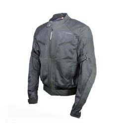 A black textile mesh motorcycle jacket, size L, in very good condition. Features high-visibility reflective strips across the arms for night safety, adjustable fit, pockets for shoulder and elbow protectors, and a back pocket for a rain vest. Designed for maximum summer ventilation.