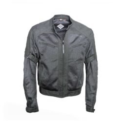 A black textile mesh motorcycle jacket, size L, in very good condition. Features high-visibility reflective strips across the arms for night safety, adjustable fit, pockets for shoulder and elbow protectors, and a back pocket for a rain vest. Designed for maximum summer ventilation.