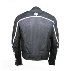 A black textile mesh motorcycle jacket, size L, in very good condition. Features high-visibility reflective strips across the arms for night safety, adjustable fit, pockets for shoulder and elbow protectors, and a back pocket for a rain vest. Designed for maximum summer ventilation.