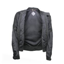 A black textile mesh motorcycle jacket, size L, in very good condition. Features high-visibility reflective strips across the arms for night safety, adjustable fit, pockets for shoulder and elbow protectors, and a back pocket for a rain vest. Designed for maximum summer ventilation.