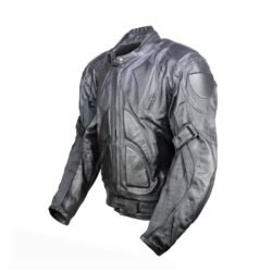 A black vintage-style leather motorcycle jacket, size XXL, in good condition with minor wear. Features include integrated shoulder, elbow, back, and front padding for protection, and stretch textile panels on the arms. Designed for street wear.