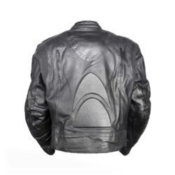 A black vintage-style leather motorcycle jacket, size XXL, in good condition with minor wear. Features include integrated shoulder, elbow, back, and front padding for protection, and stretch textile panels on the arms. Designed for street wear.