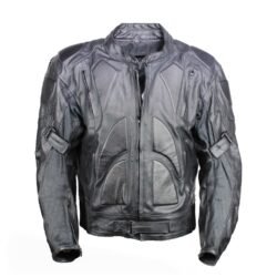 A black vintage-style leather motorcycle jacket, size XXL, in good condition with minor wear. Features include integrated shoulder, elbow, back, and front padding for protection, and stretch textile panels on the arms. Designed for street wear.