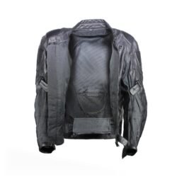 A black vintage-style leather motorcycle jacket, size XXL, in good condition with minor wear. Features include integrated shoulder, elbow, back, and front padding for protection, and stretch textile panels on the arms. Designed for street wear.