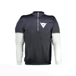 A black and grey Dainese protective off-road shirt, size XXL, in good condition. Features a classic cross styling with removable sleeves, elbow and shoulder protectors, water bottle pockets, and a small zip-secure pocket.
