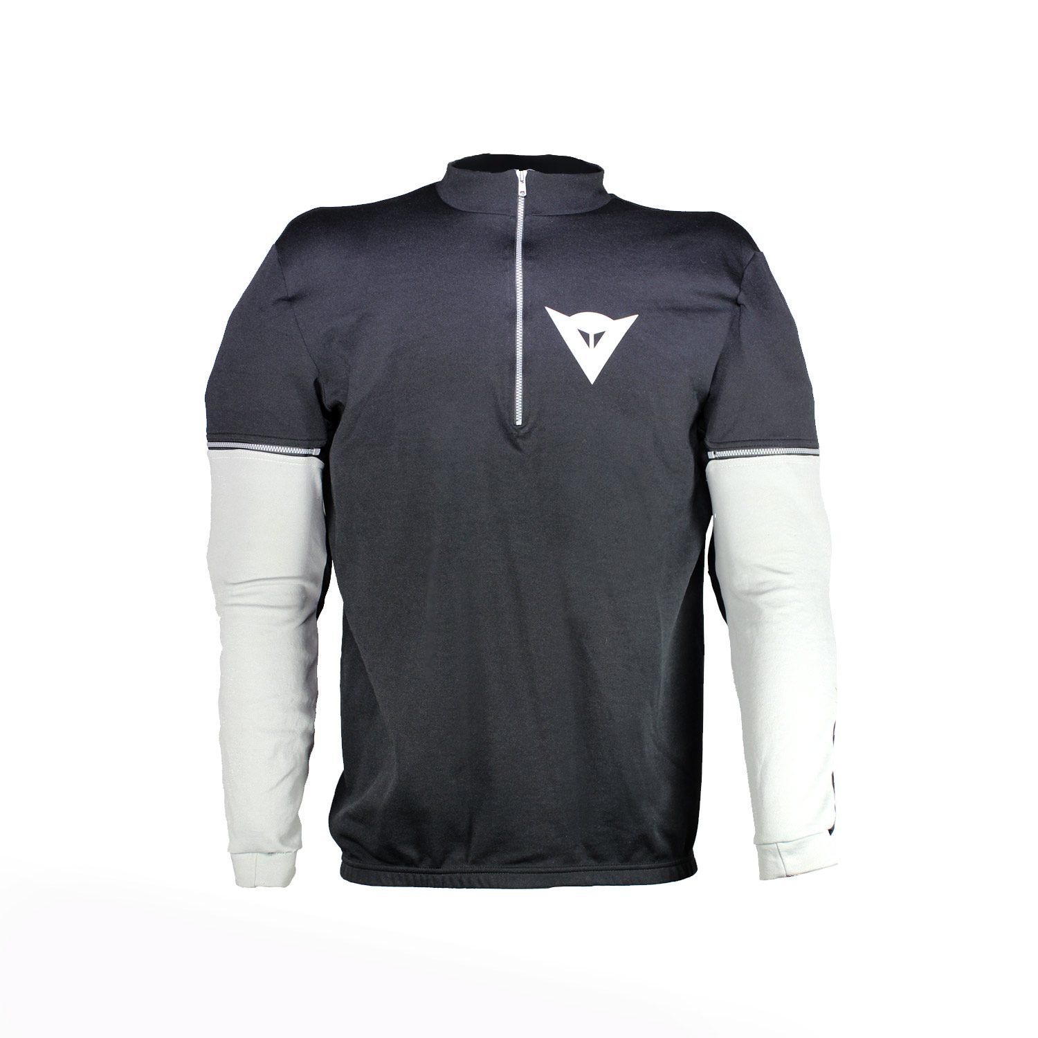 A black and grey Dainese protective off-road shirt, size XXL, in good condition. Features a classic cross styling with removable sleeves, elbow and shoulder protectors, water bottle pockets, and a small zip-secure pocket.