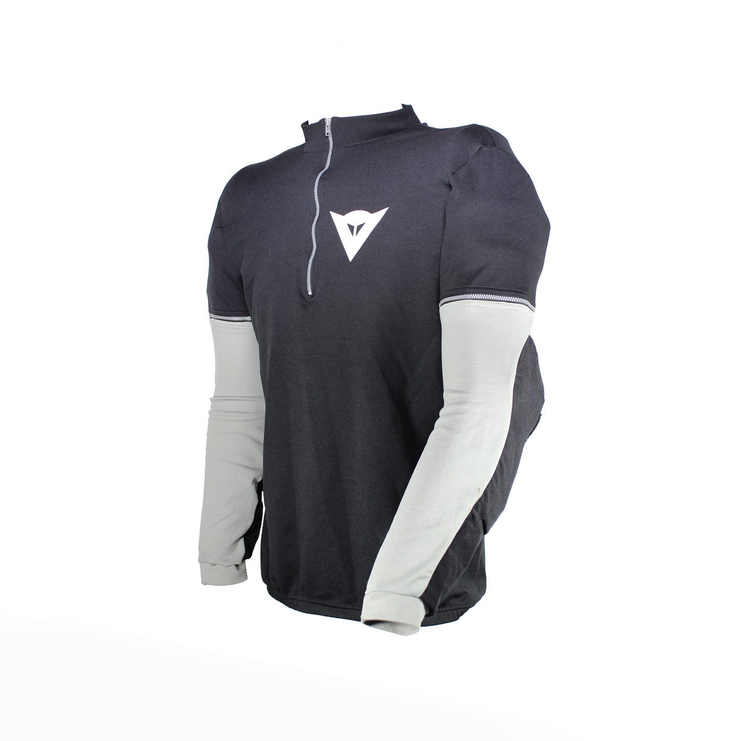 A black and grey Dainese protective off-road shirt, size XXL, in good condition. Features a classic cross styling with removable sleeves, elbow and shoulder protectors, water bottle pockets, and a small zip-secure pocket.