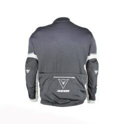 A black and grey Dainese protective off-road shirt, size XXL, in good condition. Features a classic cross styling with removable sleeves, elbow and shoulder protectors, water bottle pockets, and a small zip-secure pocket.