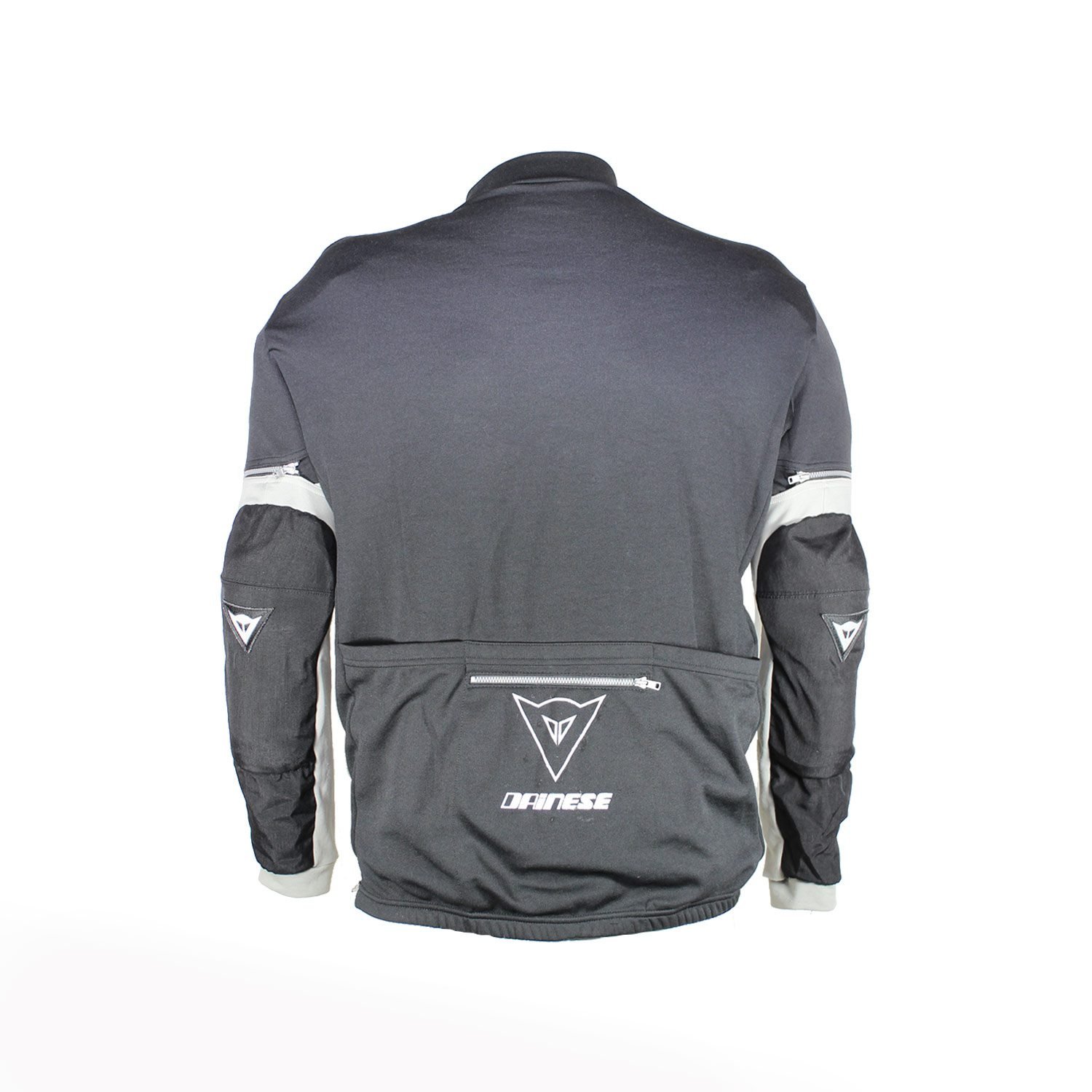 A black and grey Dainese protective off-road shirt, size XXL, in good condition. Features a classic cross styling with removable sleeves, elbow and shoulder protectors, water bottle pockets, and a small zip-secure pocket.