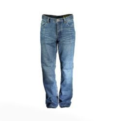 A pair of blue Bering motorcycle jeans, size M (84 cm waist), in like-new condition. Features a straight-cut casual denim style with a cotton shell and a Kevlar-blend lining for abrasion resistance, plus integrated knee protectors.