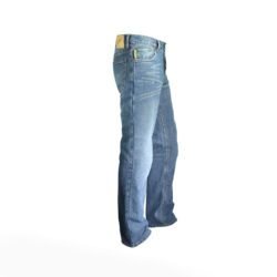 A pair of blue Bering motorcycle jeans, size M (84 cm waist), in like-new condition. Features a straight-cut casual denim style with a cotton shell and a Kevlar-blend lining for abrasion resistance, plus integrated knee protectors.