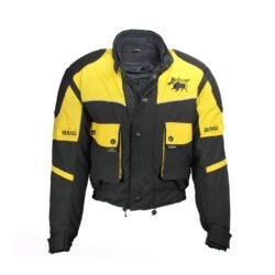 A black and yellow BulRange all-season motorcycle jacket, size M, in good condition. Features durable Cordura textile with detachable sleeves, Knox protectors at shoulders, elbows, and back, 3M reflective stripes, multiple adjustments, and includes a thermal liner. Shows some wear and stubborn stains.