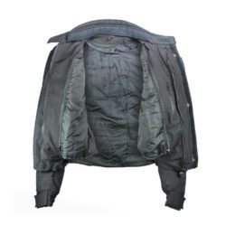 A black and yellow BulRange all-season motorcycle jacket, size M, in good condition. Features durable Cordura textile with detachable sleeves, Knox protectors at shoulders, elbows, and back, 3M reflective stripes, multiple adjustments, and includes a thermal liner. Shows some wear and stubborn stains.