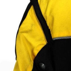 A black and yellow BulRange all-season motorcycle jacket, size M, in good condition. Features durable Cordura textile with detachable sleeves, Knox protectors at shoulders, elbows, and back, 3M reflective stripes, multiple adjustments, and includes a thermal liner. Shows some wear and stubborn stains.