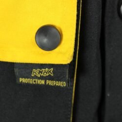 A black and yellow BulRange all-season motorcycle jacket, size M, in good condition. Features durable Cordura textile with detachable sleeves, Knox protectors at shoulders, elbows, and back, 3M reflective stripes, multiple adjustments, and includes a thermal liner. Shows some wear and stubborn stains.