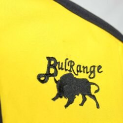 A black and yellow BulRange all-season motorcycle jacket, size M, in good condition. Features durable Cordura textile with detachable sleeves, Knox protectors at shoulders, elbows, and back, 3M reflective stripes, multiple adjustments, and includes a thermal liner. Shows some wear and stubborn stains.