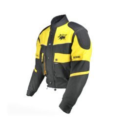 A black and yellow BulRange all-season motorcycle jacket, size M, in good condition. Features durable Cordura textile with detachable sleeves, Knox protectors at shoulders, elbows, and back, 3M reflective stripes, multiple adjustments, and includes a thermal liner. Shows some wear and stubborn stains.