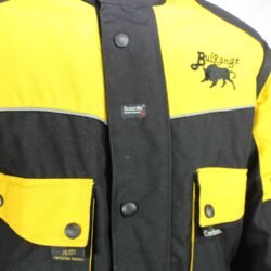 A black and yellow BulRange all-season motorcycle jacket, size M, in good condition. Features durable Cordura textile with detachable sleeves, Knox protectors at shoulders, elbows, and back, 3M reflective stripes, multiple adjustments, and includes a thermal liner. Shows some wear and stubborn stains.