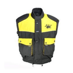 A black and yellow BulRange all-season motorcycle jacket, size M, in good condition. Features durable Cordura textile with detachable sleeves, Knox protectors at shoulders, elbows, and back, 3M reflective stripes, multiple adjustments, and includes a thermal liner. Shows some wear and stubborn stains.