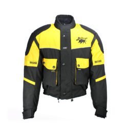 A black and yellow BulRange all-season motorcycle jacket, size M, in good condition. Features durable Cordura textile with detachable sleeves, Knox protectors at shoulders, elbows, and back, 3M reflective stripes, multiple adjustments, and includes a thermal liner. Shows some wear and stubborn stains.
