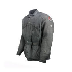 A black Büse touring and street motorcycle jacket, size 3XL, in good condition. Made of textile with multiple adjustment points for fit and CE protectors for shoulders, elbows, and back