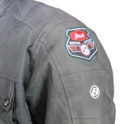 A black Büse touring and street motorcycle jacket, size 3XL, in good condition. Made of textile with multiple adjustment points for fit and CE protectors for shoulders, elbows, and back