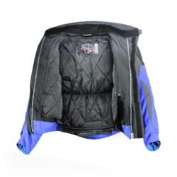 A black and blue BÜSE all-weather touring and adventure motorcycle jacket, size XXS, in very good condition. Features durable 450D polyester with reinforcements, a waterproof and breathable Humax® Z-liner, adjustable fit, ventilation zips, and pockets for shoulder, elbow, and back protectors