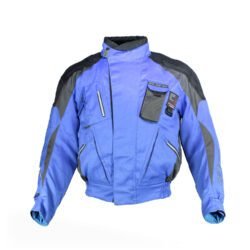 A black and blue BÜSE all-weather touring and adventure motorcycle jacket, size XXS, in very good condition. Features durable 450D polyester with reinforcements, a waterproof and breathable Humax® Z-liner, adjustable fit, ventilation zips, and pockets for shoulder, elbow, and back protectors