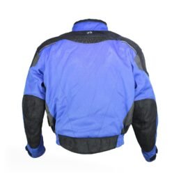 A black and blue BÜSE all-weather touring and adventure motorcycle jacket, size XXS, in very good condition. Features durable 450D polyester with reinforcements, a waterproof and breathable Humax® Z-liner, adjustable fit, ventilation zips, and pockets for shoulder, elbow, and back protectors
